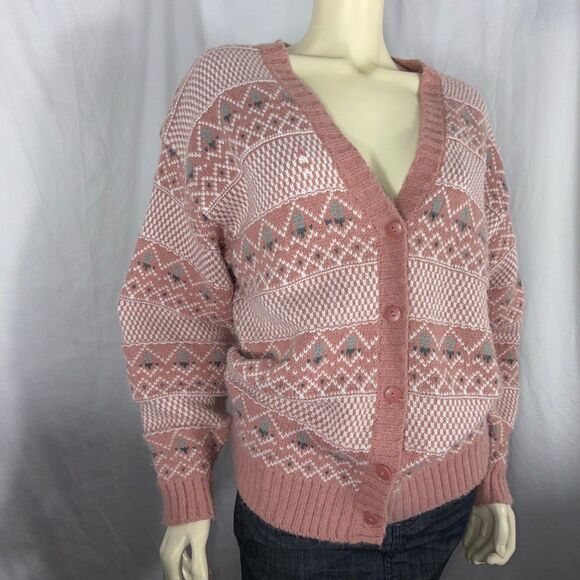 Vintage Gina Peters Knit Cardigan Sweater Pink Fair Isle Geometric Knit Made in - Picture 2 of 16